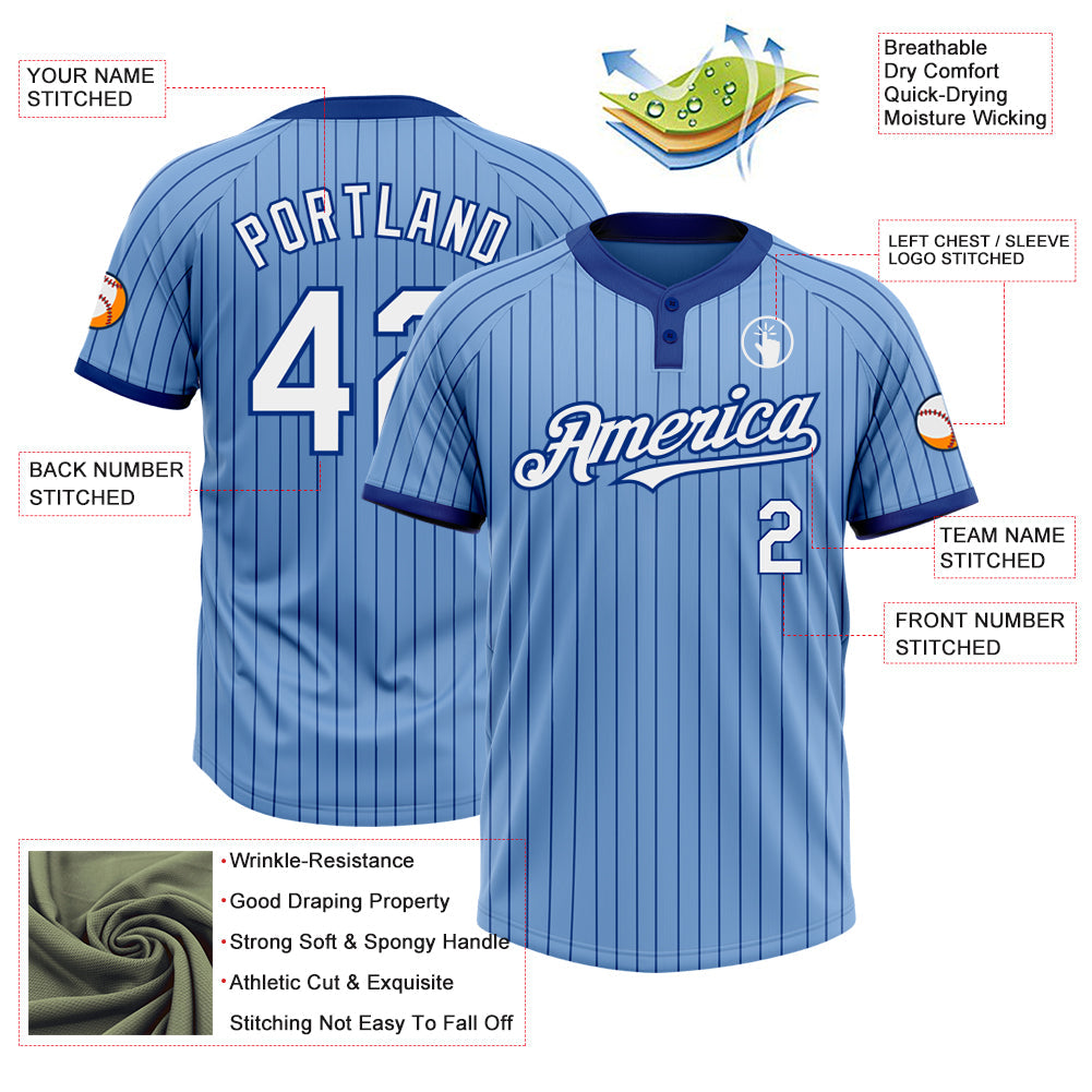 Custom Light Blue Royal Pinstripe White Two-Button Unisex Softball Jersey view 3
