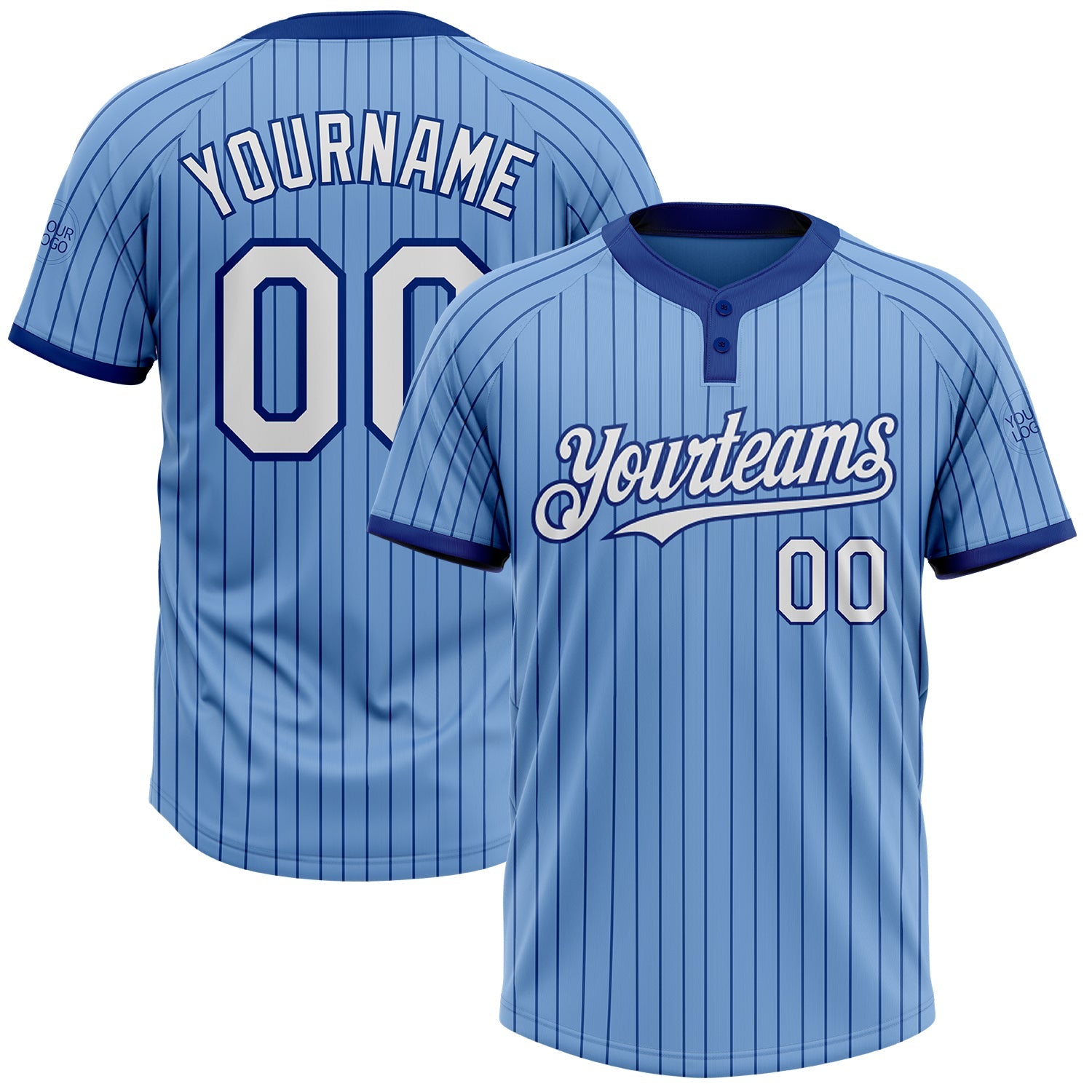 Custom Light Blue Royal Pinstripe White Two-Button Unisex Softball Jersey - Main View