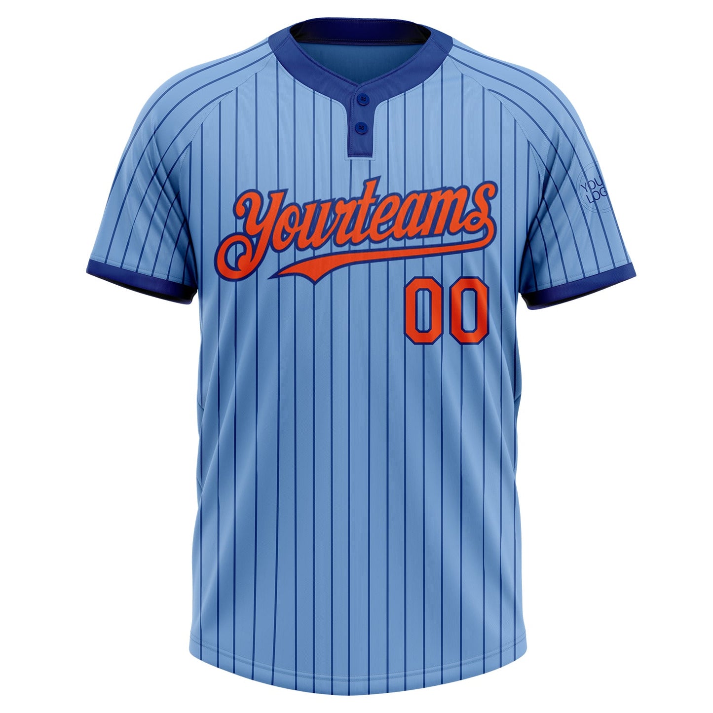 Custom Light Blue Royal Pinstripe Orange Two-Button Unisex Softball Jersey view 2