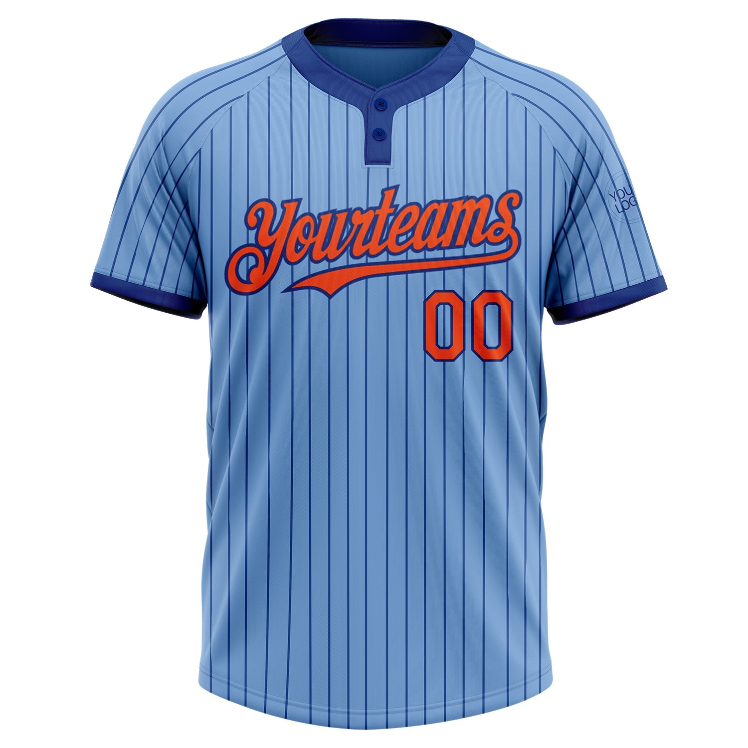 Custom Light Blue Royal Pinstripe Orange Two-Button Unisex Softball Jersey view 2