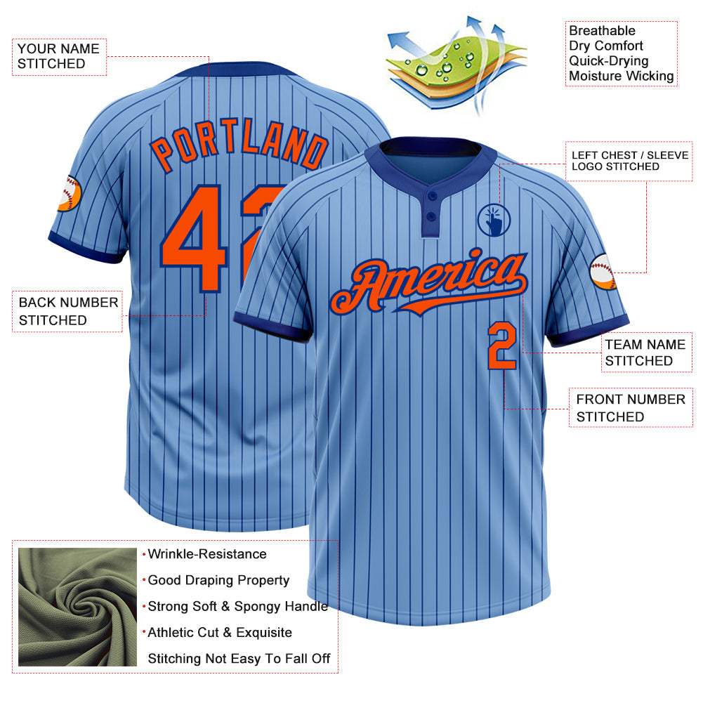 Custom Light Blue Royal Pinstripe Orange Two-Button Unisex Softball Jersey view 3