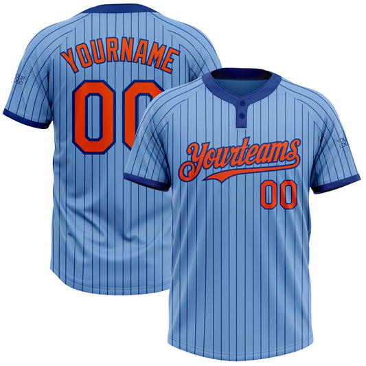 Custom Light Blue Royal Pinstripe Orange Two-Button Unisex Softball Jersey - Main View