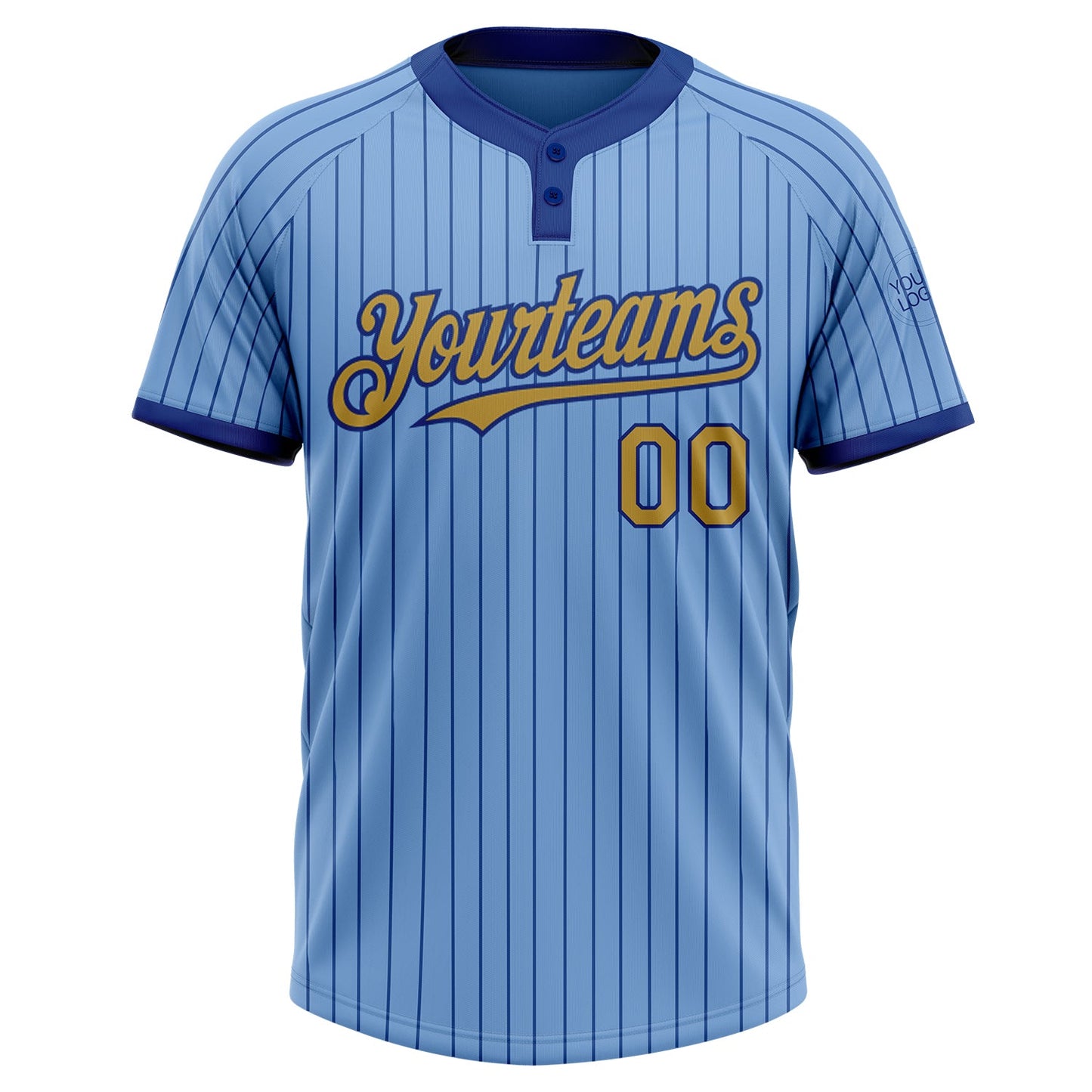 Custom Light Blue Royal Pinstripe Old Gold Two-Button Unisex Softball Jersey view 3