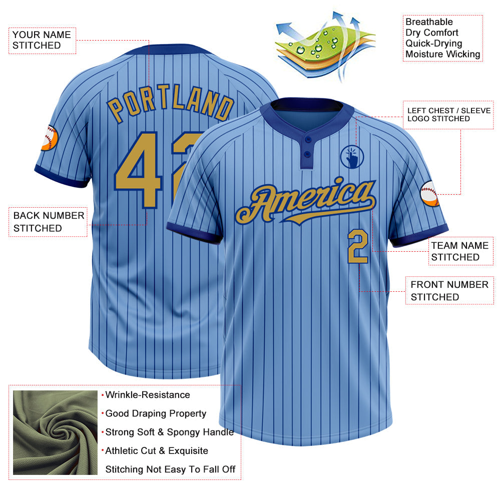 Custom Light Blue Royal Pinstripe Old Gold Two-Button Unisex Softball Jersey view 4