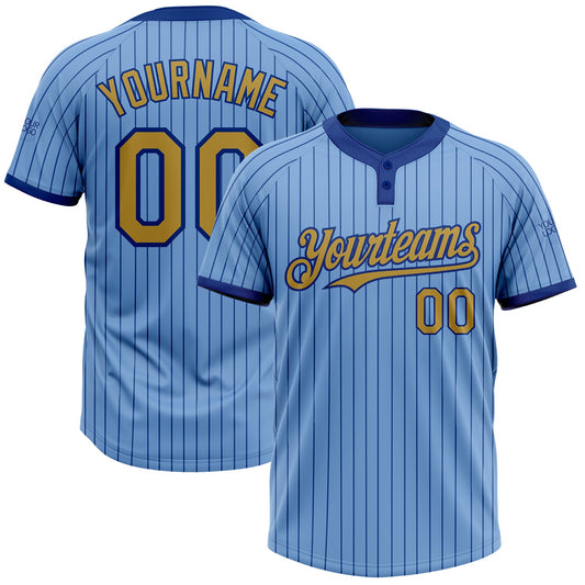 Custom Light Blue Royal Pinstripe Old Gold Two-Button Unisex Softball Jersey - Main View