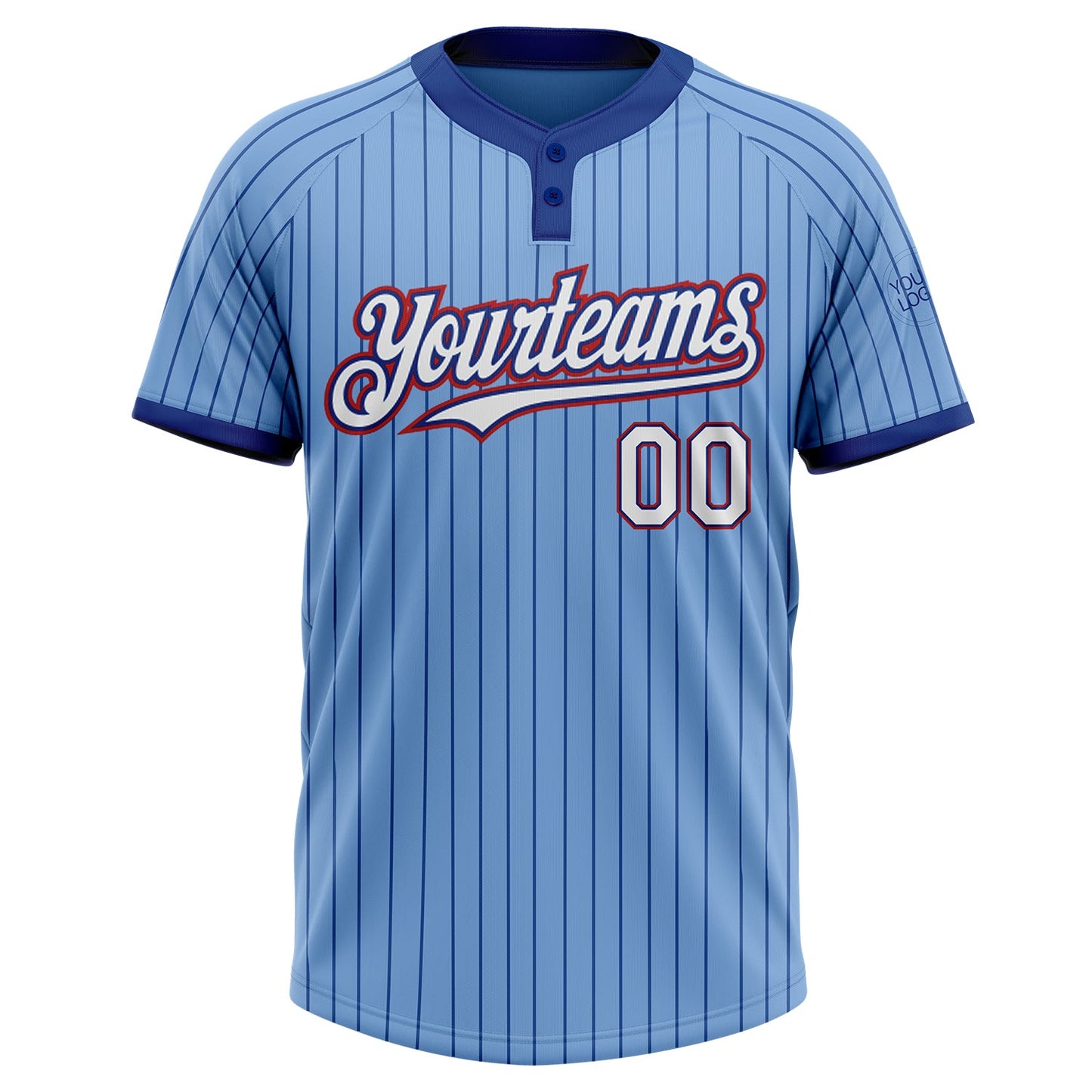 Custom Light Blue Royal Pinstripe White-Red Two-Button Unisex Softball Jersey view 2
