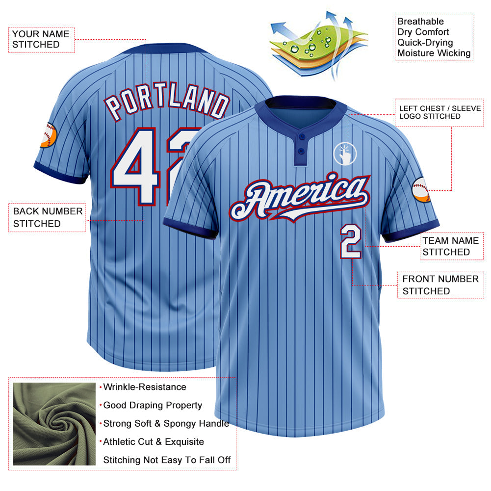 Custom Light Blue Royal Pinstripe White-Red Two-Button Unisex Softball Jersey view 3