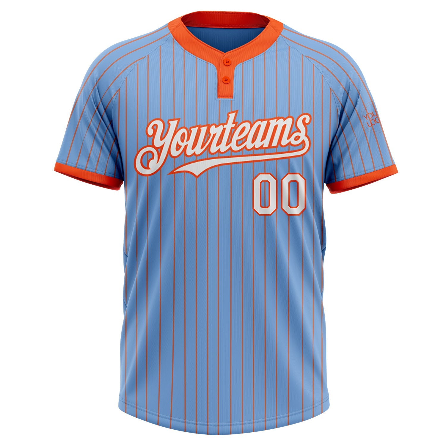 Custom Light Blue Orange Pinstripe White Two-Button Unisex Softball Jersey view 2