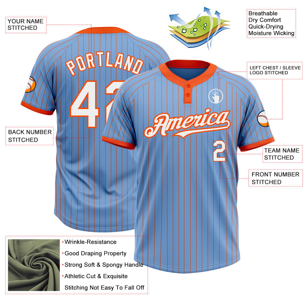 Custom Light Blue Orange Pinstripe White Two-Button Unisex Softball Jersey view 3