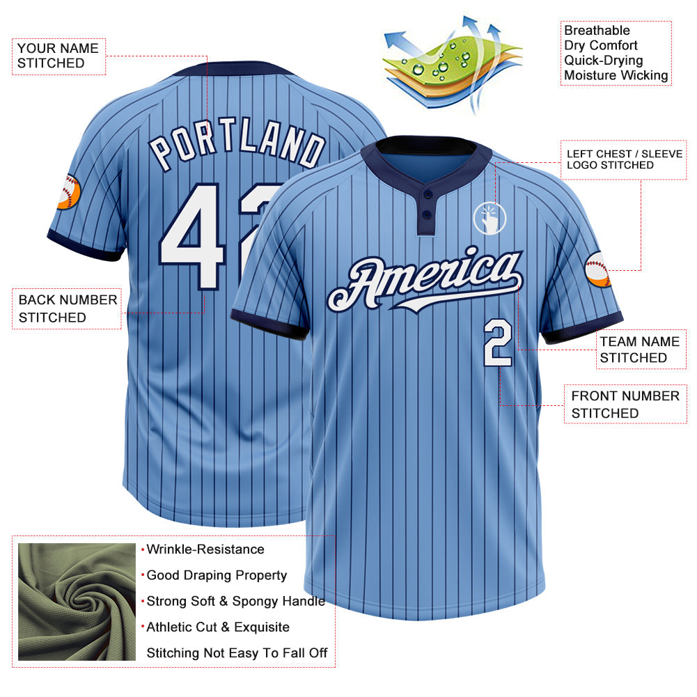 Custom Light Blue Navy Pinstripe White Two-Button Unisex Softball Jersey view 3