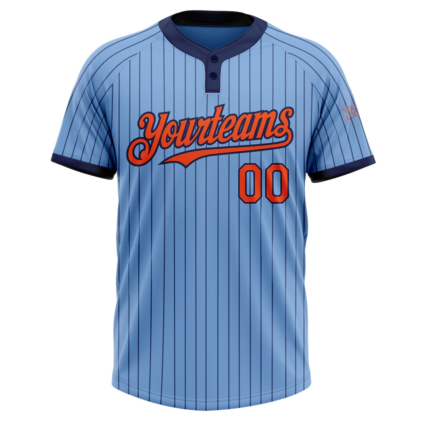 Custom Light Blue Navy Pinstripe Orange Two-Button Unisex Softball Jersey view 2