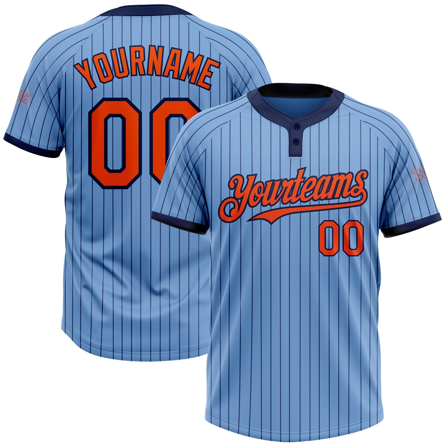 Custom Light Blue Navy Pinstripe Orange Two-Button Unisex Softball Jersey - Main View
