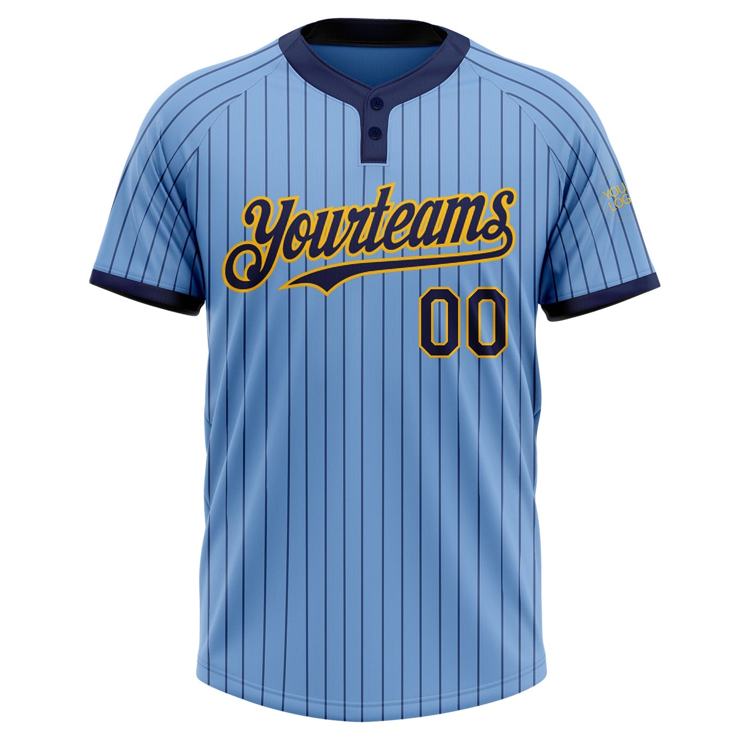 Custom Light Blue Navy Pinstripe Gold Two-Button Unisex Softball Jersey view 2