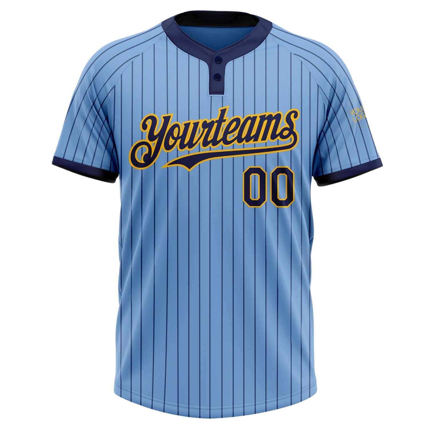Custom Light Blue Navy Pinstripe Gold Two-Button Unisex Softball Jersey view 2