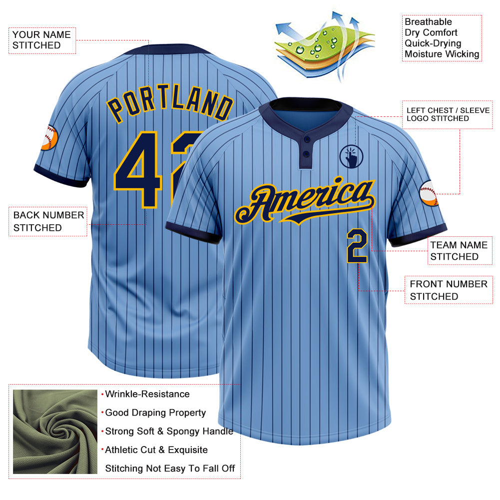 Custom Light Blue Navy Pinstripe Gold Two-Button Unisex Softball Jersey view 3