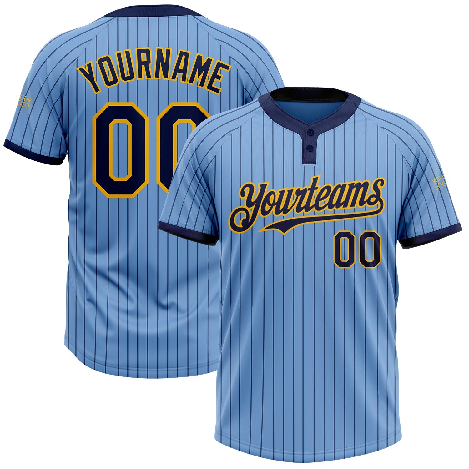 Custom Light Blue Navy Pinstripe Gold Two-Button Unisex Softball Jersey - Main View
