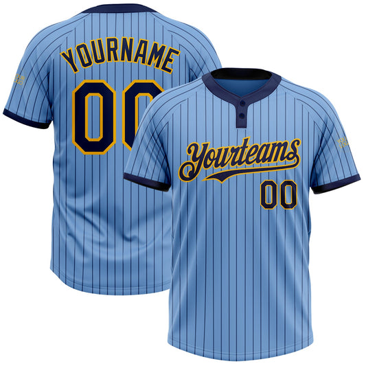 Custom Light Blue Navy Pinstripe Gold Two-Button Unisex Softball Jersey - Main View