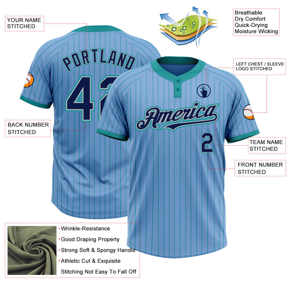 Custom Light Blue Teal Pinstripe Navy-Gray Two-Button Unisex Softball Jersey view 3