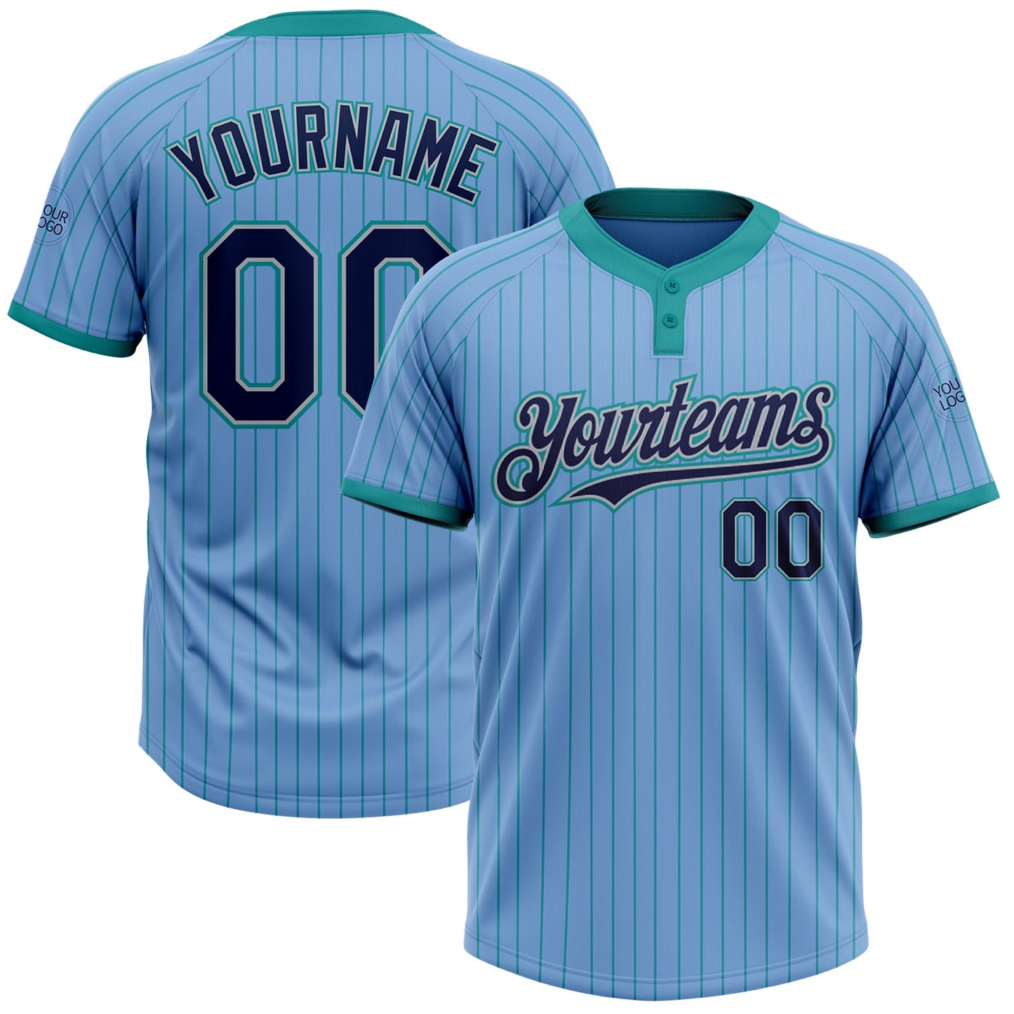 Custom Light Blue Teal Pinstripe Navy-Gray Two-Button Unisex Softball Jersey - Main View