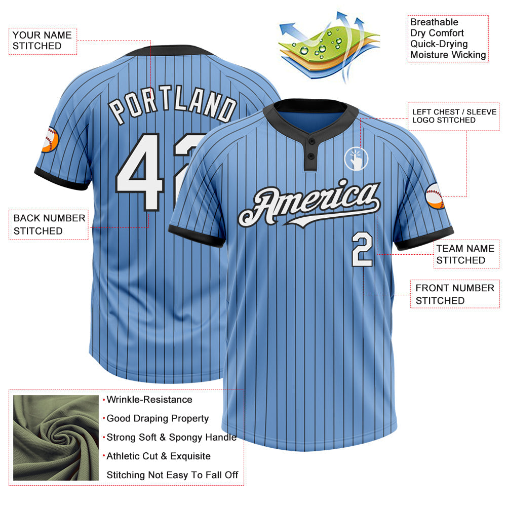 Custom Light Blue Black Pinstripe White Two-Button Unisex Softball Jersey view 3