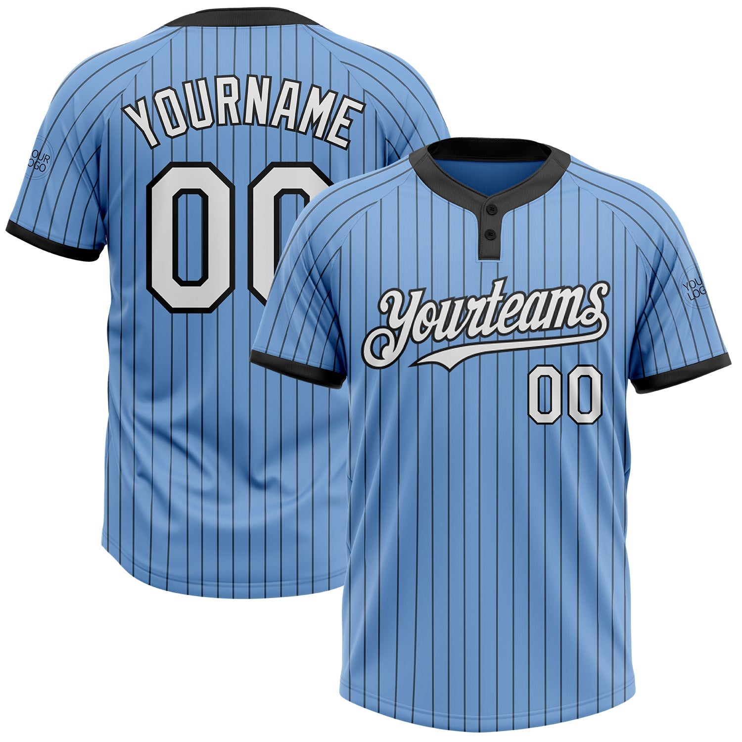 Custom Light Blue Black Pinstripe White Two-Button Unisex Softball Jersey - Main View