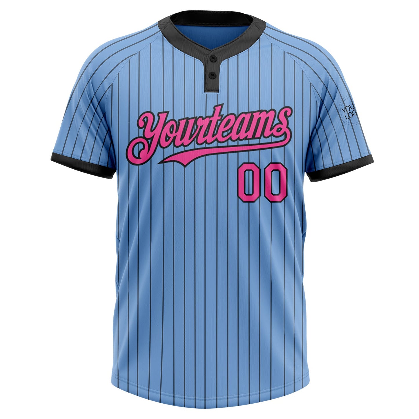 Custom Light Blue Black Pinstripe Pink Two-Button Unisex Softball Jersey view 2