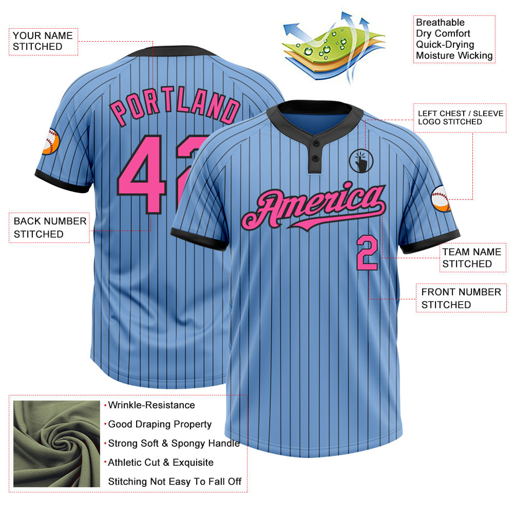 Custom Light Blue Black Pinstripe Pink Two-Button Unisex Softball Jersey view 3