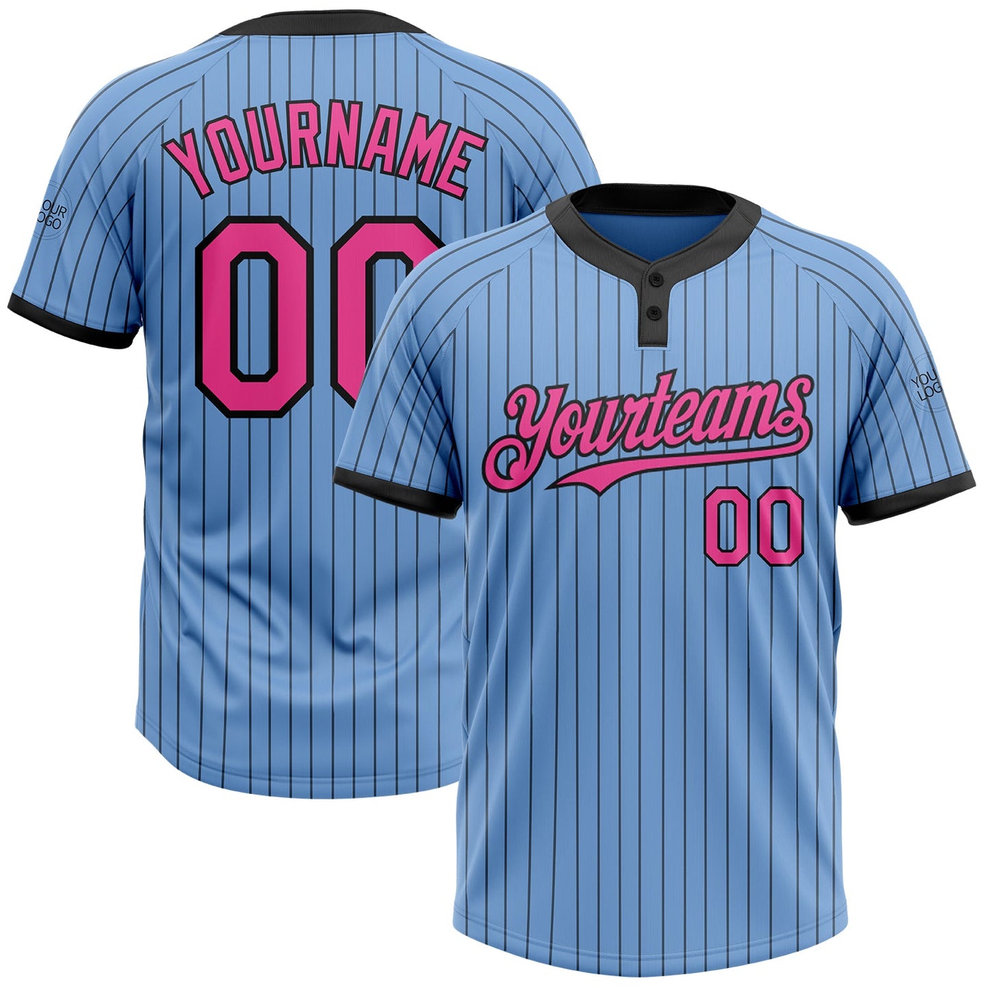 Custom Light Blue Black Pinstripe Pink Two-Button Unisex Softball Jersey - Main View