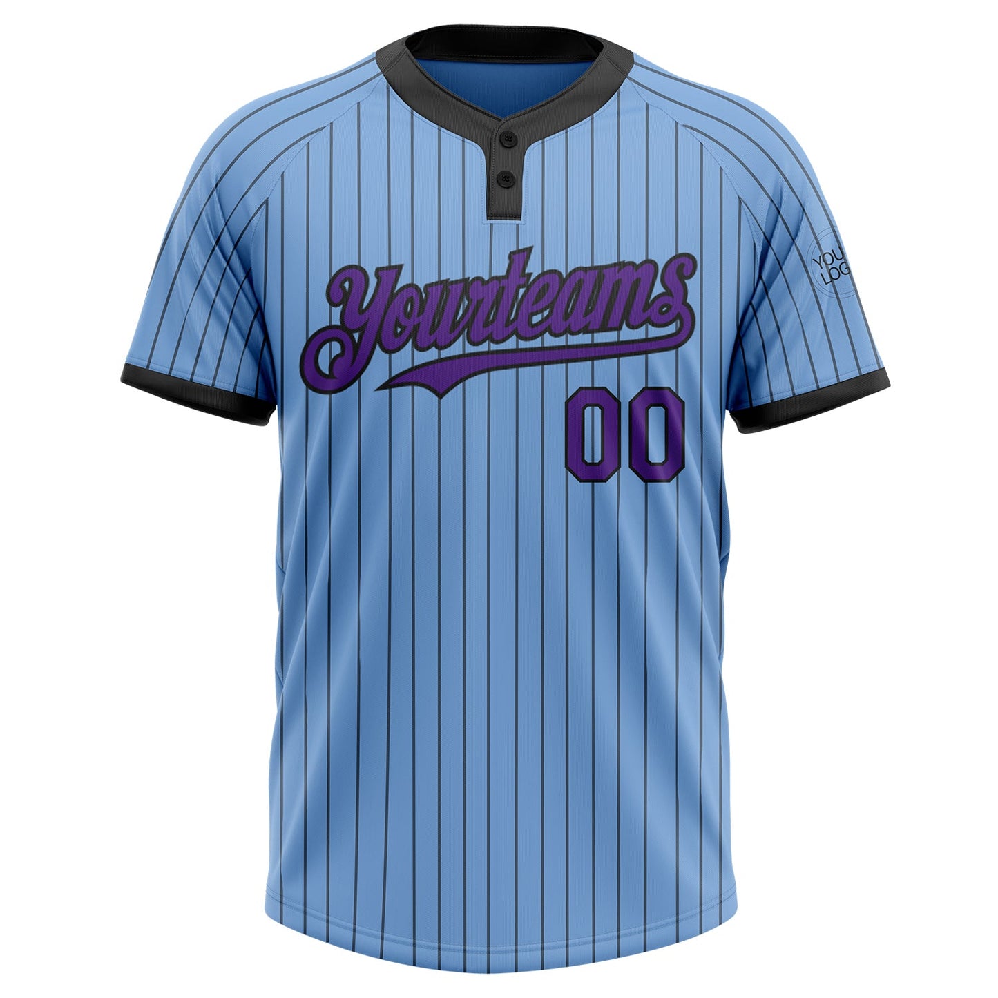 Custom Light Blue Black Pinstripe Purple Two-Button Unisex Softball Jersey view 2