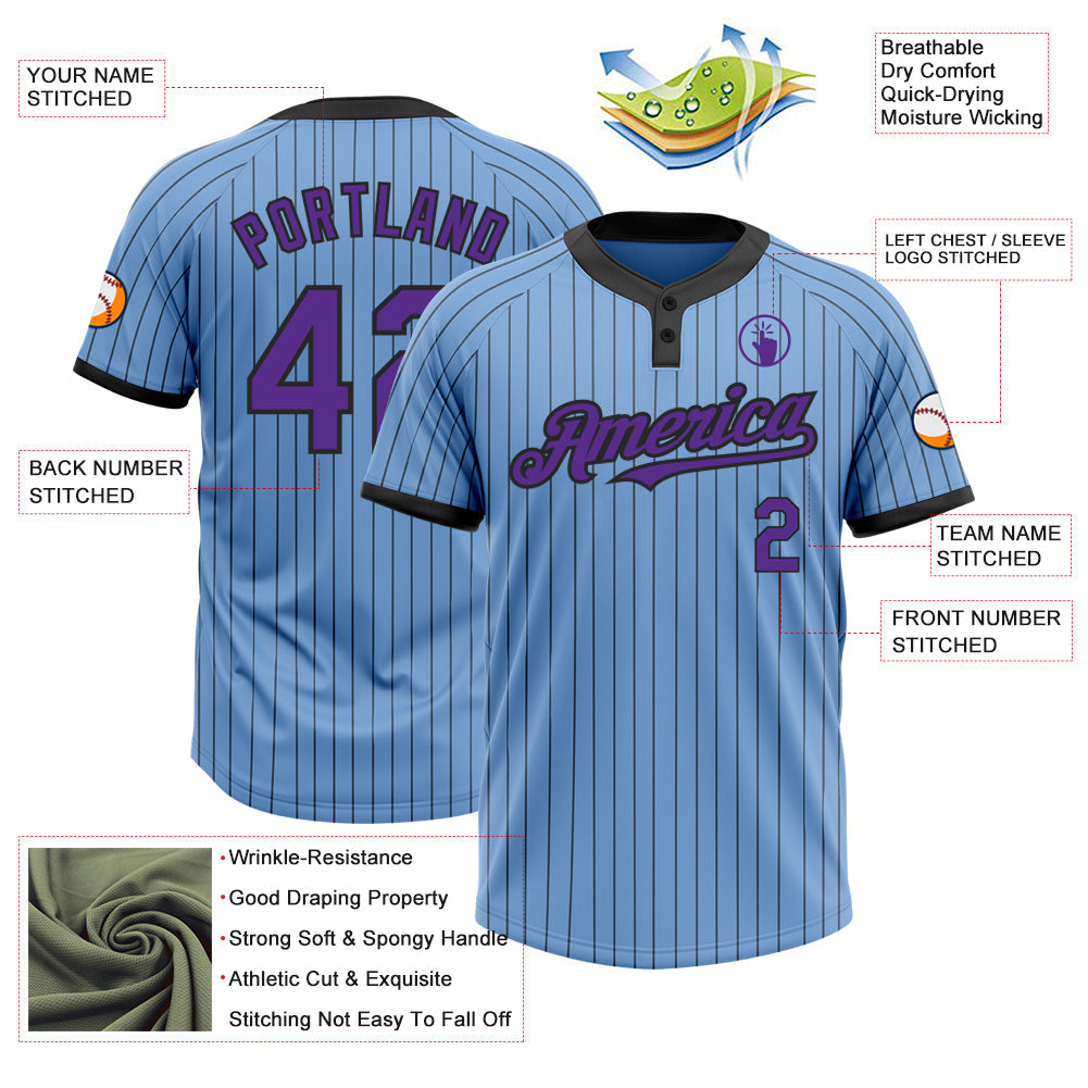 Custom Light Blue Black Pinstripe Purple Two-Button Unisex Softball Jersey view 3