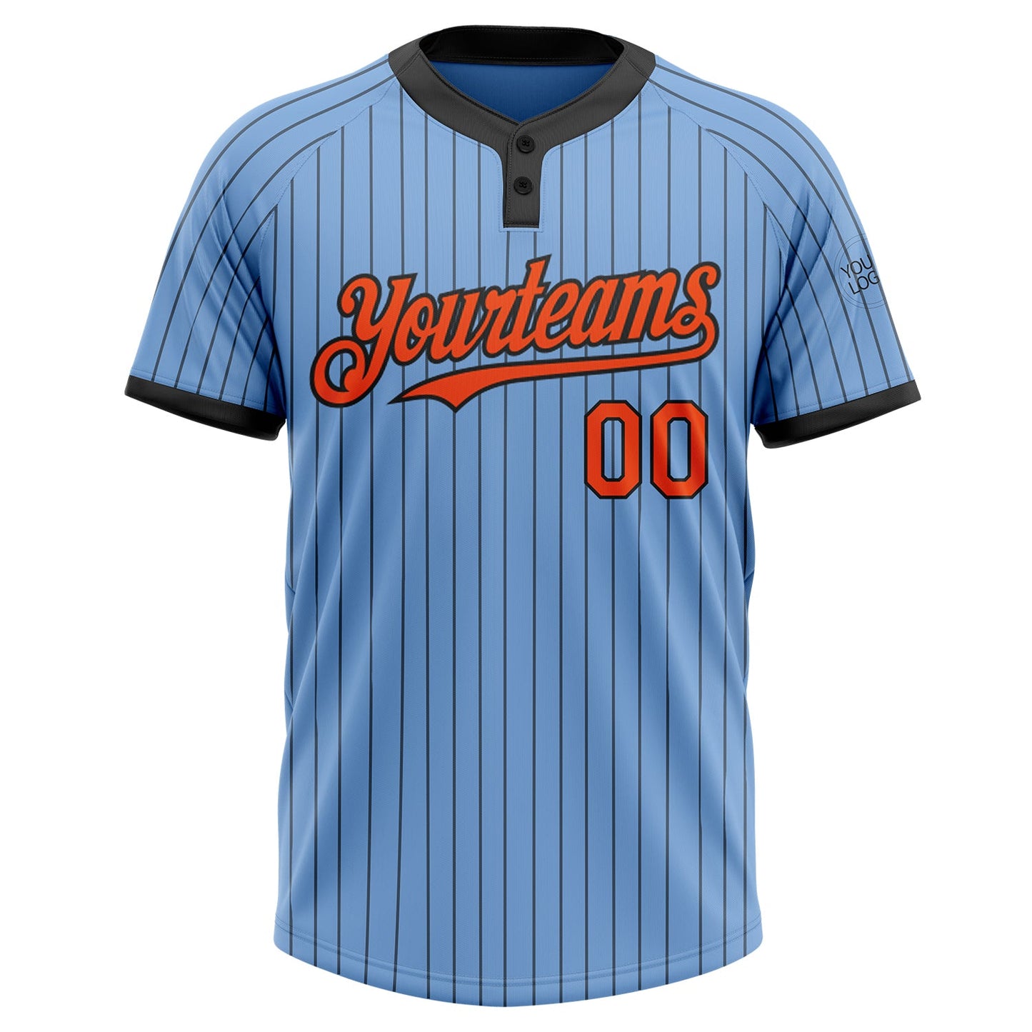 Custom Light Blue Black Pinstripe Orange Two-Button Unisex Softball Jersey view 2