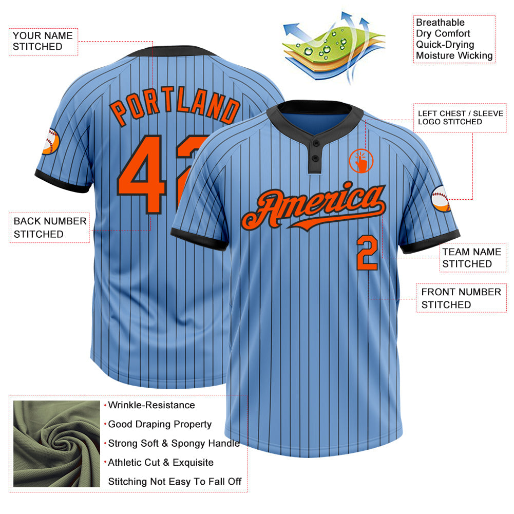 Custom Light Blue Black Pinstripe Orange Two-Button Unisex Softball Jersey view 3