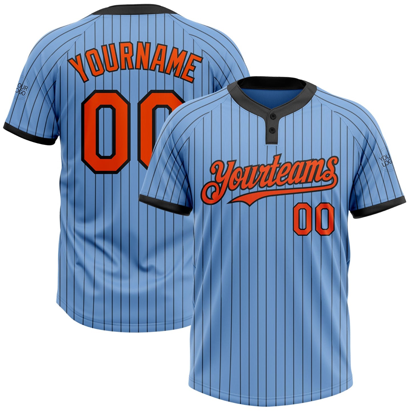 Custom Light Blue Black Pinstripe Orange Two-Button Unisex Softball Jersey - Main View