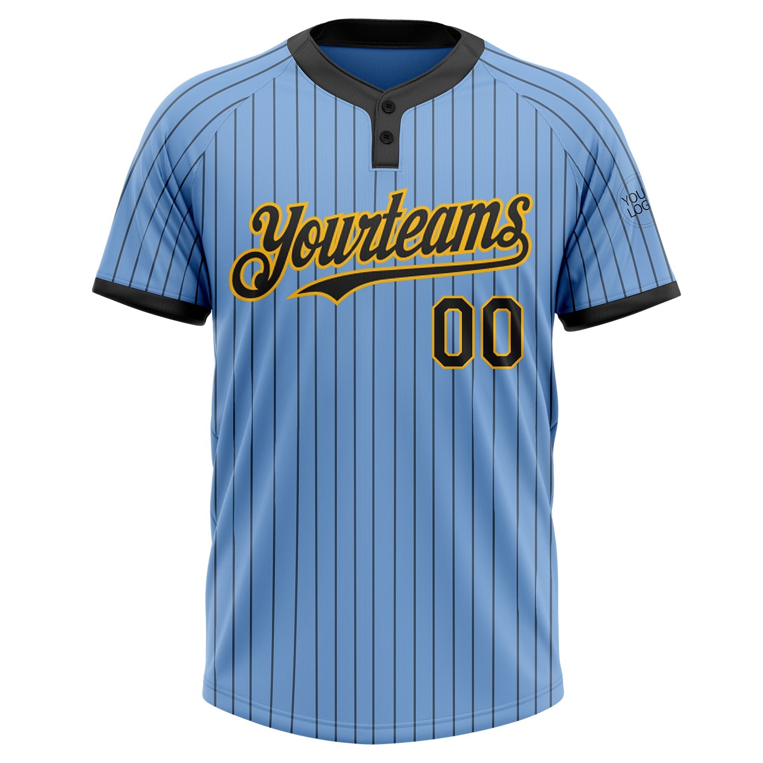Custom Light Blue Black Pinstripe Gold Two-Button Unisex Softball Jersey view 2