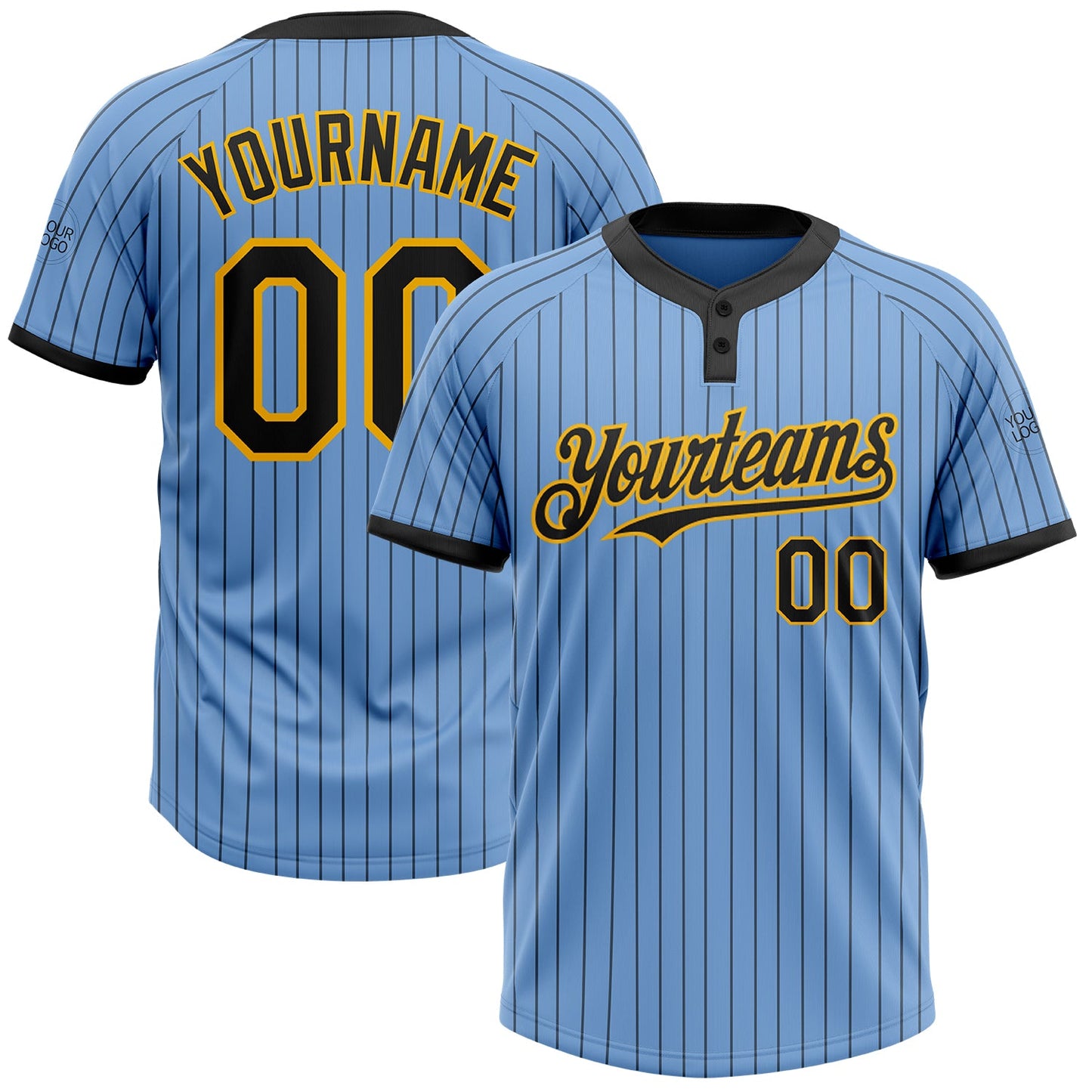 Custom Light Blue Black Pinstripe Gold Two-Button Unisex Softball Jersey - Main View