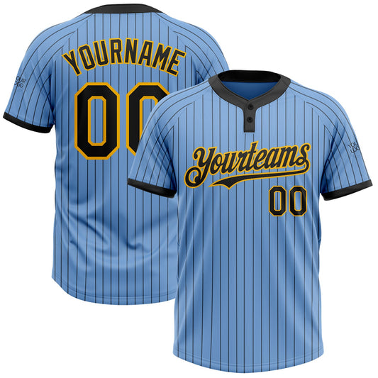 Custom Light Blue Black Pinstripe Gold Two-Button Unisex Softball Jersey - Main View