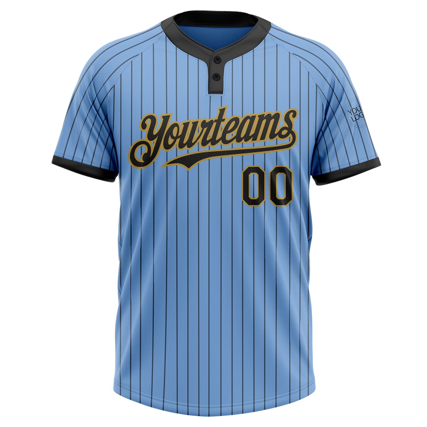 Custom Light Blue Black Pinstripe Old Gold Two-Button Unisex Softball Jersey view 2