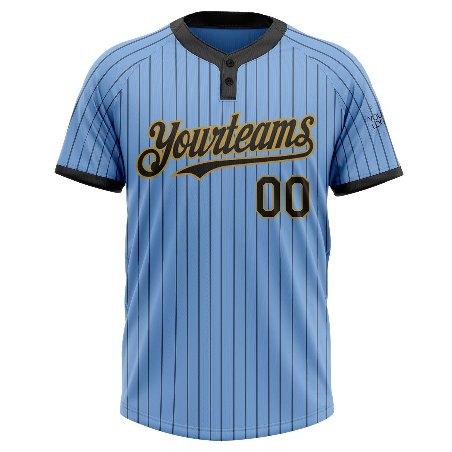 Custom Light Blue Black Pinstripe Old Gold Two-Button Unisex Softball Jersey view 2