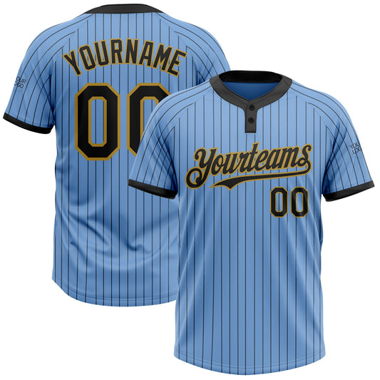 Custom Light Blue Black Pinstripe Old Gold Two-Button Unisex Softball Jersey - Main View