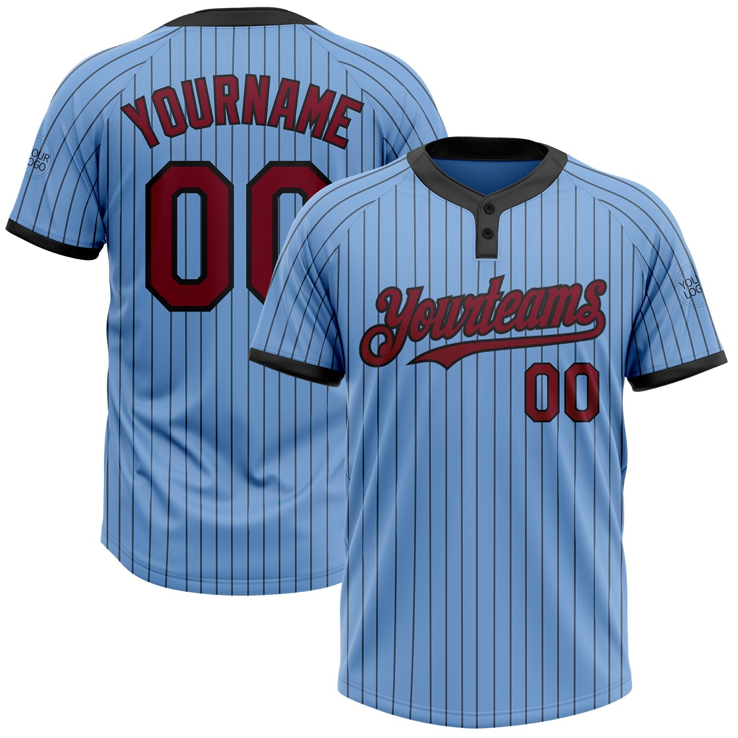 Custom Light Blue Black Pinstripe Crimson Two-Button Unisex Softball Jersey - Main View