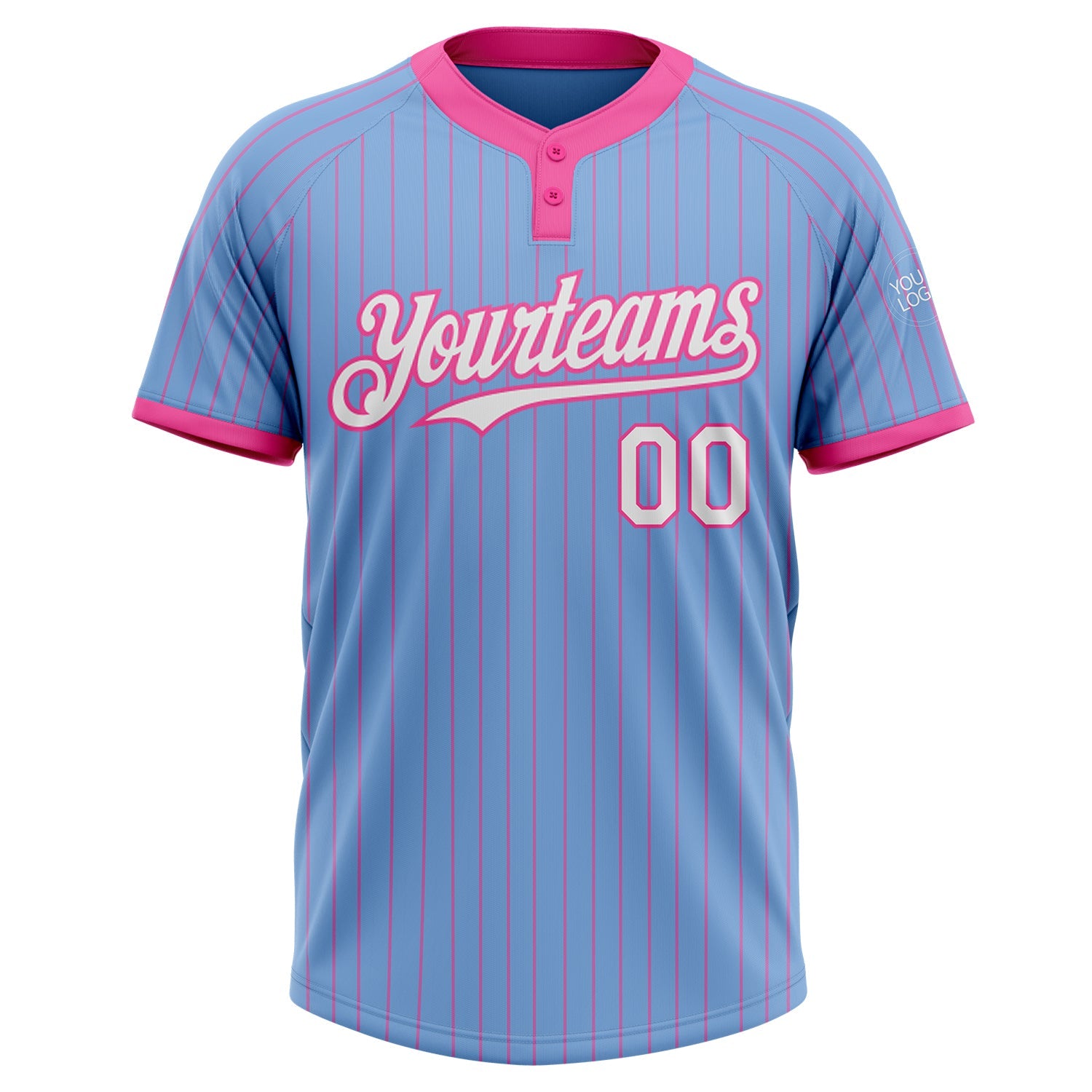 Custom Light Blue Pink Pinstripe White Two-Button Unisex Softball Jersey view 2