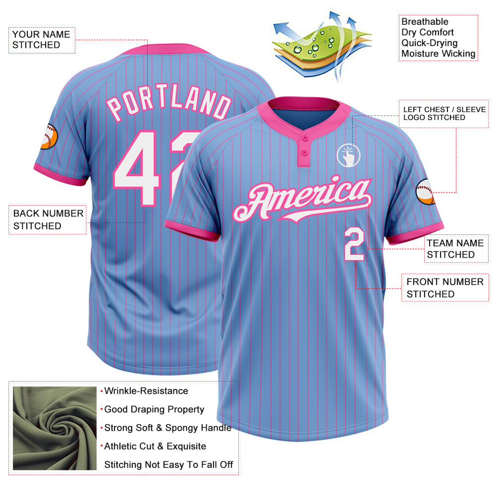 Custom Light Blue Pink Pinstripe White Two-Button Unisex Softball Jersey view 3