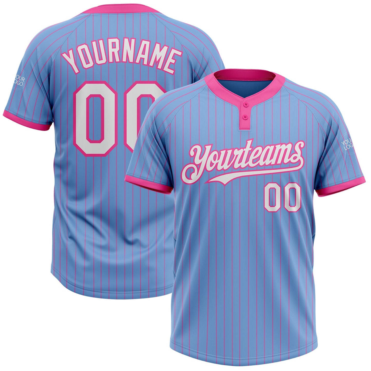 Custom Light Blue Pink Pinstripe White Two-Button Unisex Softball Jersey - Main View