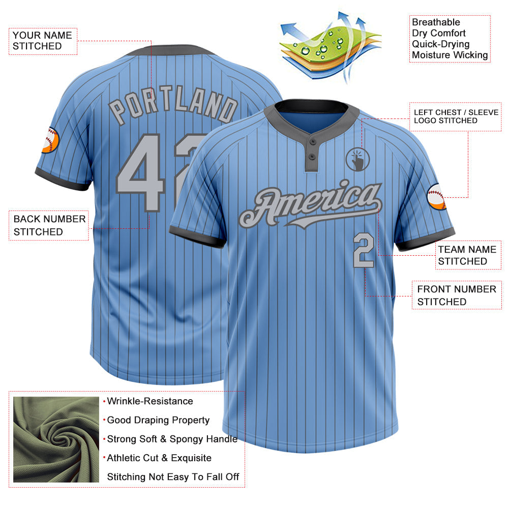 Custom Light Blue Steel Gray Pinstripe Gray Two-Button Unisex Softball Jersey view 3