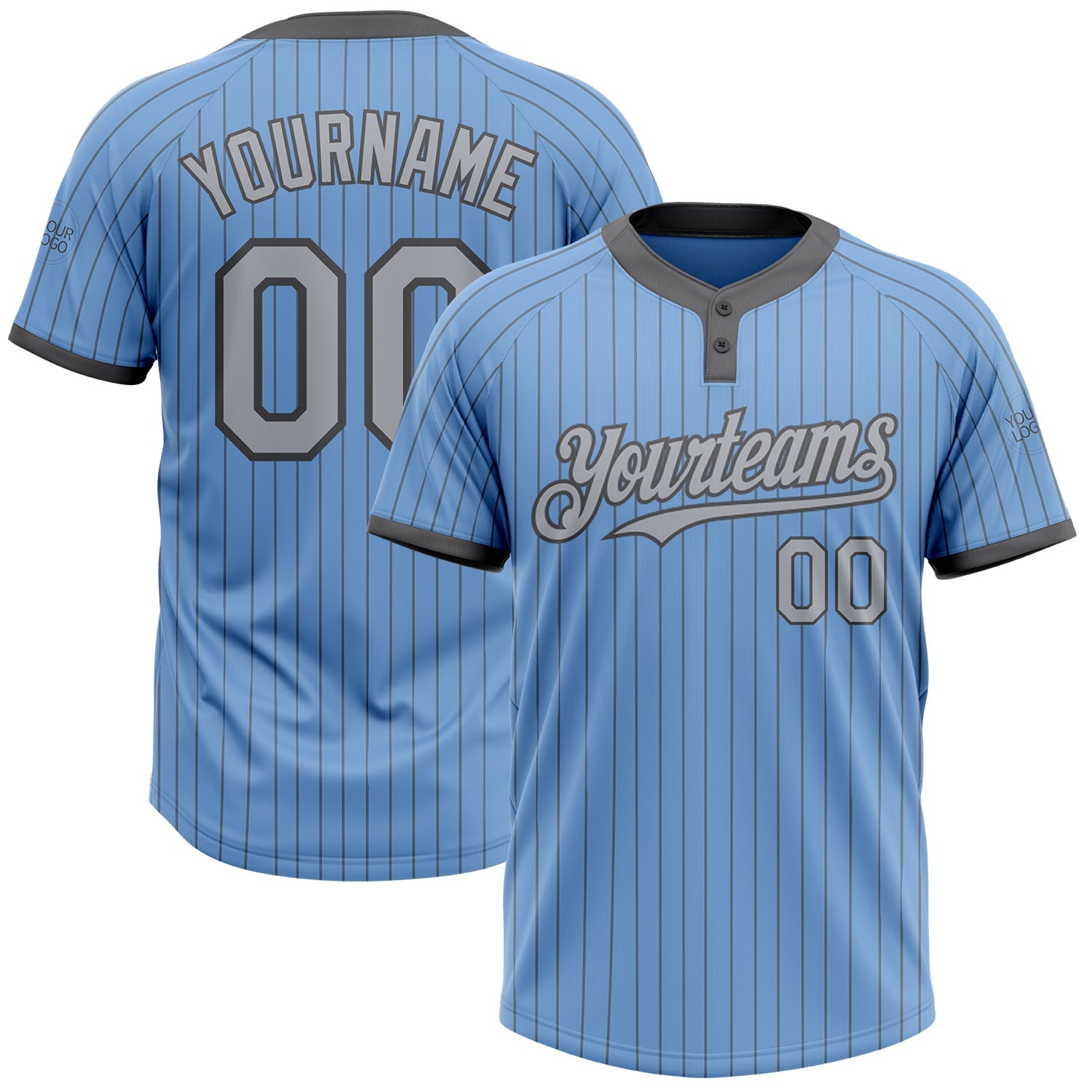Custom Light Blue Steel Gray Pinstripe Gray Two-Button Unisex Softball Jersey - Main View