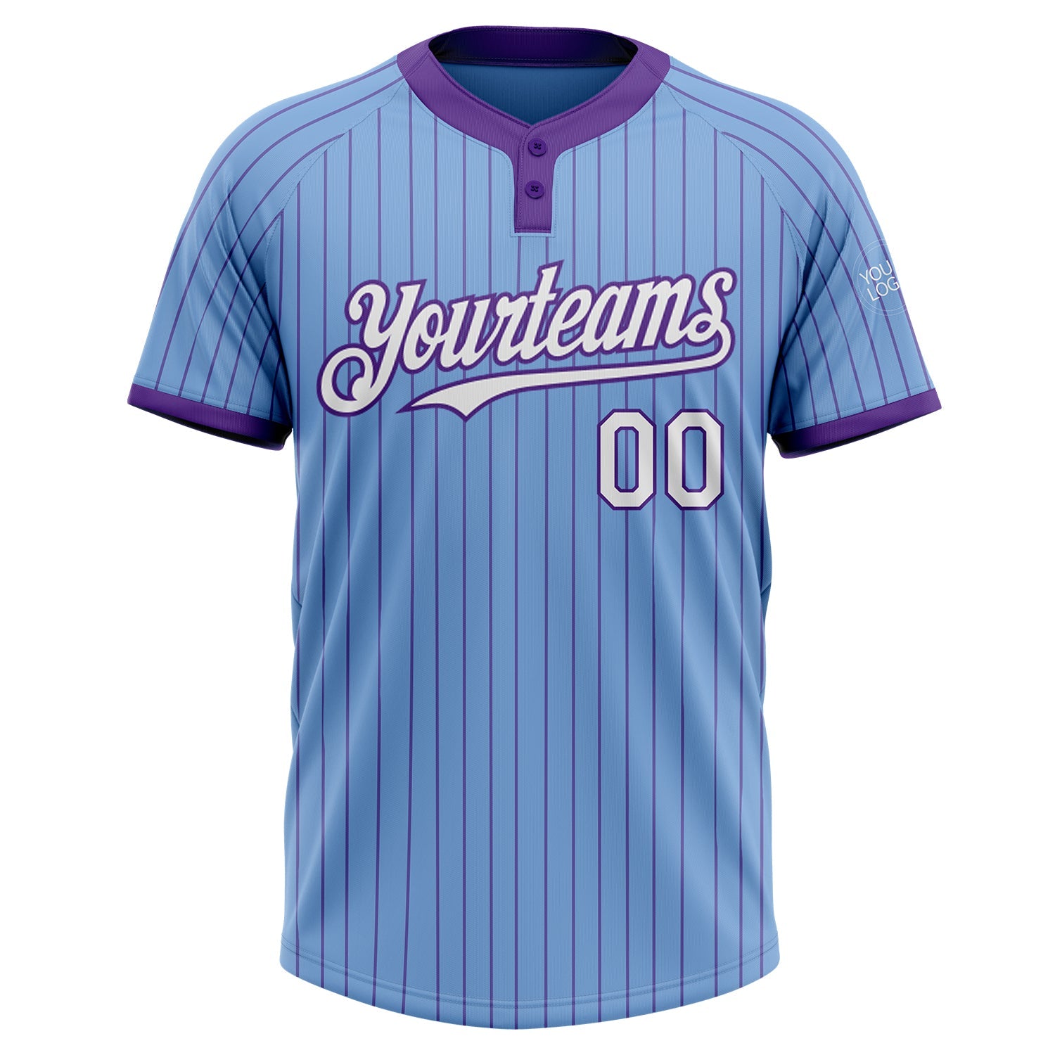 Custom Light Blue Purple Pinstripe White Two-Button Unisex Softball Jersey view 2