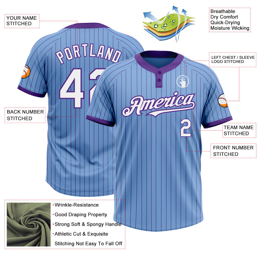 Custom Light Blue Purple Pinstripe White Two-Button Unisex Softball Jersey view 3