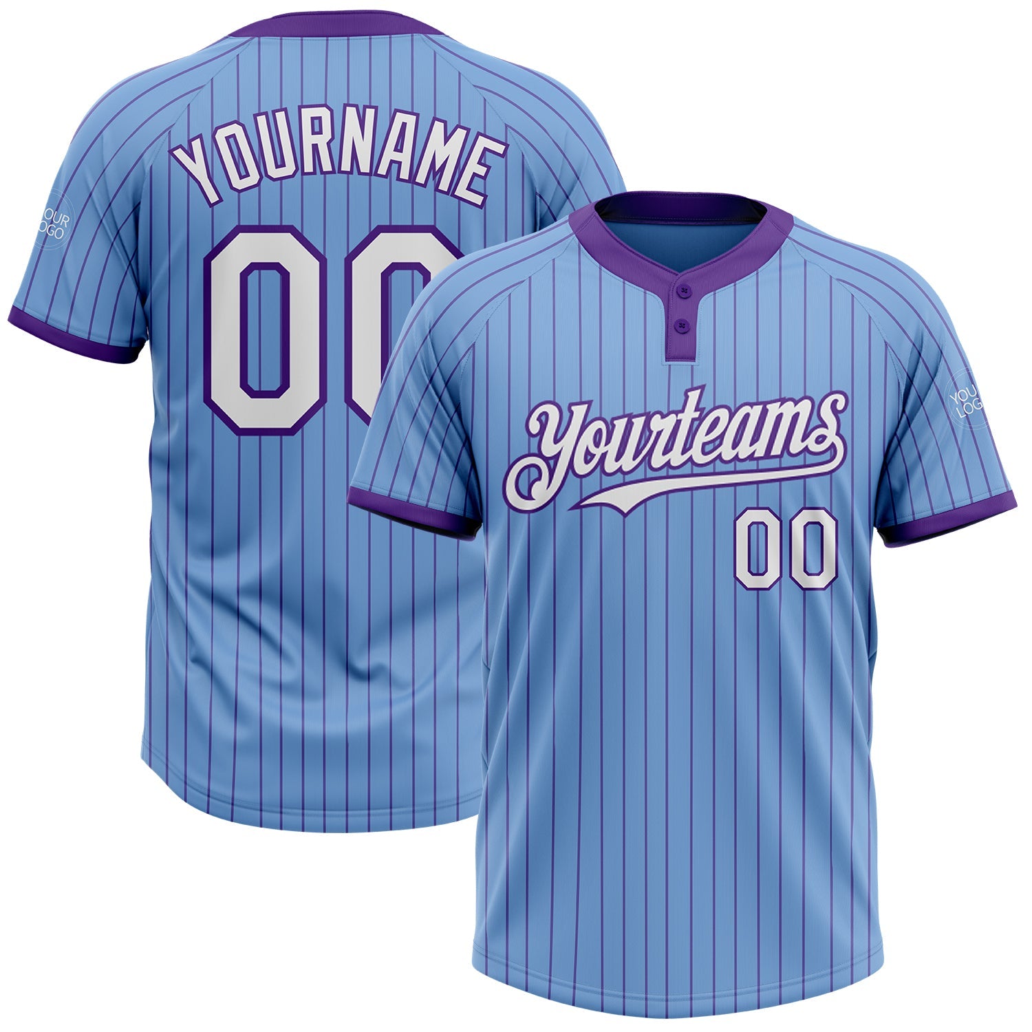 Custom Light Blue Purple Pinstripe White Two-Button Unisex Softball Jersey - Main View