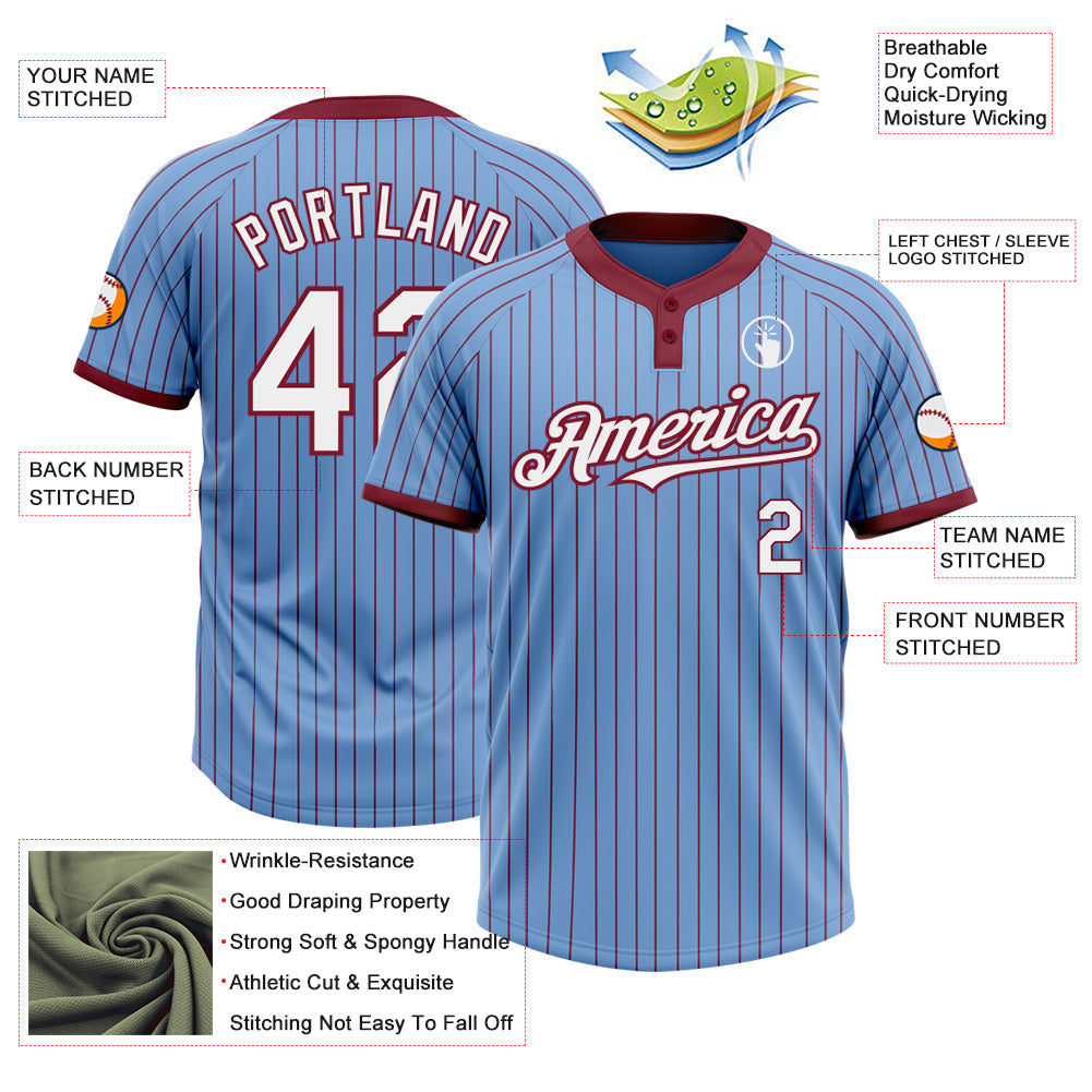 Custom Light Blue Crimson Pinstripe White Two-Button Unisex Softball Jersey view 3