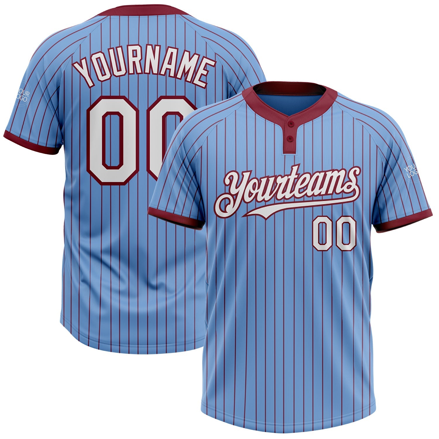Custom Light Blue Crimson Pinstripe White Two-Button Unisex Softball Jersey - Main View